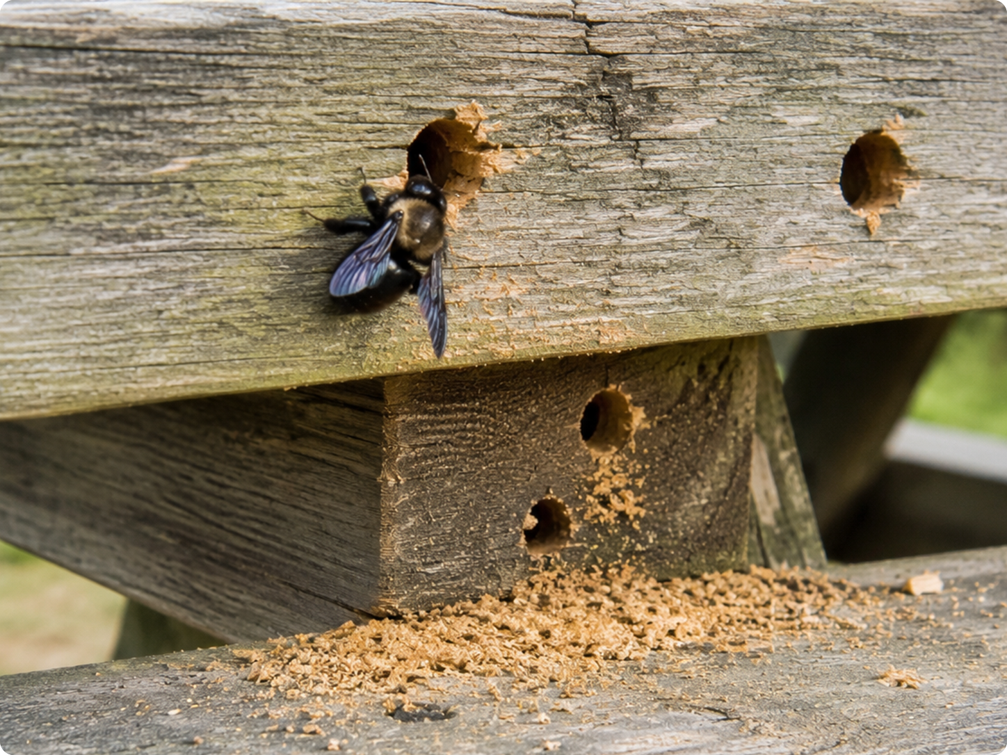 Carpenter bee damage on a wooden picnic table with round nesting holes and sawdust